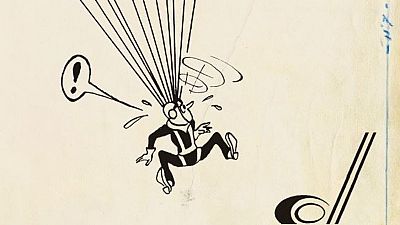 Personaje con traje y gafas cayendo, gritando; estilo cómic blanco y negro; firma en esquina inferior derecha. Personaje con traje y gafas cayendo, gritando; estilo cómic blanco y negro; firma en esquina inferior derecha.