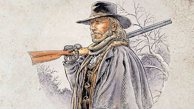 Ilustración de cómic: personaje masculino robusto con larga cabellera rubia, barba, bigote, sombrero, abrigo y guantes, sosteniendo un rifle. Fondo invernal. Ilustración de cómic: personaje masculino robusto con larga cabellera rubia, barba, bigote, sombrero, abrigo y guantes, sosteniendo un rifle. Fondo invernal.