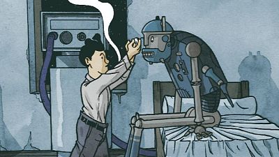 Lem, el joven protagonista, trabaja en la cabeza del robot Grandullón, que está sentado en una cama. El entorno es una habitación sencilla con un aparato electrónico en la pared. Lem, el joven protagonista, trabaja en la cabeza del robot Grandullón, que está sentado en una cama. El entorno es una habitación sencilla con un aparato electrónico en la pared.