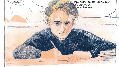 Un dibujo de Marie Curie, con cabello rubio rizado y vestida con una camisa oscura, sentada en un pupitre y escribiendo. Dos bocadillos de diálogo, uno con "¡Pssst!" y otro con una frase sobre ecuaciones, acompañan la imagen.