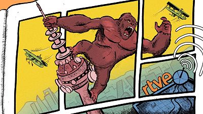 Viñeta de cómic con gorila gigante, aviones y antena parabólica con logo, conmemorando un aniversario. Viñeta de cómic con gorila gigante, aviones y antena parabólica con logo, conmemorando un aniversario.