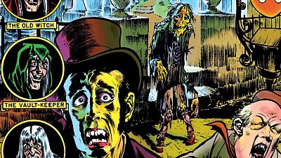 Portada de cómic con zombi central, personajes en círculos y otros observadores aterrorizados. Ambientación de cementerio o cripta. Portada de cómic con zombi central, personajes en círculos y otros observadores aterrorizados. Ambientación de cementerio o cripta.