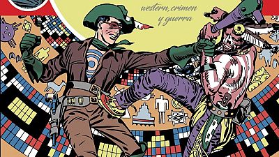 Intensa escena de lucha entre un vaquero y un nativo americano, con detalles de vestuario y armas. Fondo con motivos de petroglifos. Intensa escena de lucha entre un vaquero y un nativo americano, con detalles de vestuario y armas. Fondo con motivos de petroglifos.