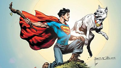 Superman en vuelo con capa roja y símbolo 'S', acompañado de un perro blanco con collar. Firma del artista en la esquina inferior derecha. Superman en vuelo con capa roja y símbolo 'S', acompañado de un perro blanco con collar. Firma del artista en la esquina inferior derecha.