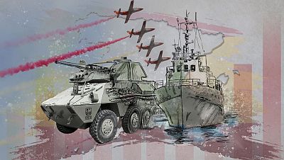 Imagen gráfica que representa un vehículo blindado, una embarcación y aviones, simbolizando la industria de defensa española en expansión. Imagen gráfica que representa un vehículo blindado, una embarcación y aviones, simbolizando la industria de defensa española en expansión.