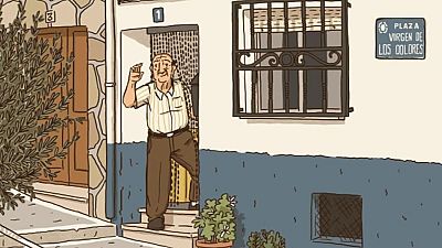 Portada de cómic: hombre mayor sale de casa blanca con placa de calle; lleva camisa a rayas y pantalones marrones. Portada de cómic: hombre mayor sale de casa blanca con placa de calle; lleva camisa a rayas y pantalones marrones.