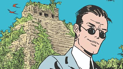 Corto Maltés, elegante y misterioso, ante ruinas antiguas en una jungla. Portada del cómic "La línea de la vida". Corto Maltés, elegante y misterioso, ante ruinas antiguas en una jungla. Portada del cómic "La línea de la vida".