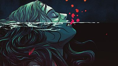 Mujer joven bajo el agua, cabello verde azulado, burbujas rojas. Atmósfera misteriosa, portada de cómic. Mujer joven bajo el agua, cabello verde azulado, burbujas rojas. Atmósfera misteriosa, portada de cómic.