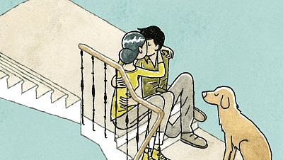Pareja besándose en escalones con perro observando. Ilustración cómic. Pareja besándose en escalones con perro observando. Ilustración cómic.