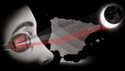 Ilustración didáctica sobre el peligro de observar eclipses solares sin protección, mostrando un eclipse parcial incidiendo en un ojo a través de un mapa de la Península Ibérica.