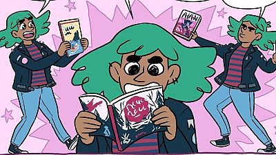 Personaje con cabello verde azulado y chaqueta de motero, en tres viñetas: sosteniendo un libro cerrado, leyendo uno abierto con árboles estilizados, y celebrando con un libro que dice "AHA!".