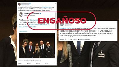 Dos tuits del 13 de enero de 2025: uno muestra una felicitación, marcada como "ENGAÑOSO", y otro la cuestiona. El primero tiene 70.7k visualizaciones, el segundo 50. Dos tuits del 13 de enero de 2025: uno muestra una felicitación, marcada como "ENGAÑOSO", y otro la cuestiona. El primero tiene 70.7k visualizaciones, el segundo 50.