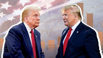 Doble imagen del expresidente Trump en traje azul marino, corbata roja y camisa blanca, sobre fondo con bandera estadounidense y gráfico de tendencia.