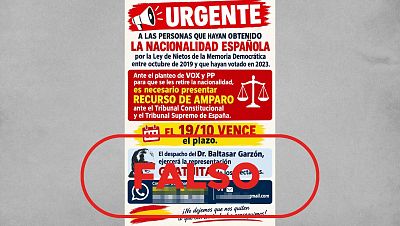 Cartel que insta a nacionalizados por la ‘ley de nietos’ a acudir a la justicia para que PP y Vox no les retiren la nacionalidad, con sello falso Cartel que insta a nacionalizados por la ‘ley de nietos’ a acudir a la justicia para que PP y Vox no les retiren la nacionalidad, con sello falso