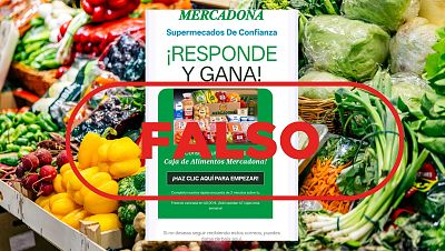 Mercadona no te regala una caja de alimentos por responder a una encuesta, es un fraude. Sello Falso / Getty images/VerificaRTVE