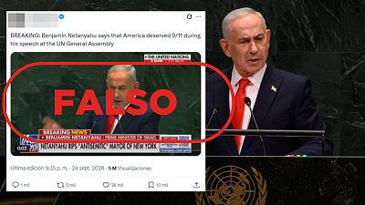 Mensaje que difunde el vídeo manipulado del discurso de Netanyahu en la ONU con el sello Falso Mensaje que difunde el vídeo manipulado del discurso de Netanyahu en la ONU con el sello Falso