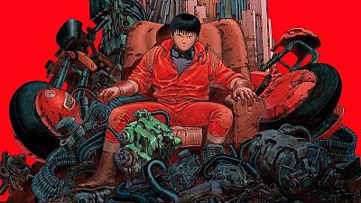 Kaneda, de Akira, en un sillón, con mono rojo y guantes marrones, rodeado de piezas mecánicas sobre fondo rojo. Atmósfera decadente. Kaneda, de Akira, en un sillón, con mono rojo y guantes marrones, rodeado de piezas mecánicas sobre fondo rojo. Atmósfera decadente.