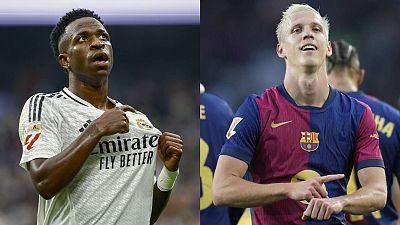 Partido Real Madrid-Barcelona: un jugador del Real Madrid celebra, otro del Barça señala su muñeca. Superclásico con alta intensidad. Partido Real Madrid-Barcelona: un jugador del Real Madrid celebra, otro del Barça señala su muñeca. Superclásico con alta intensidad.