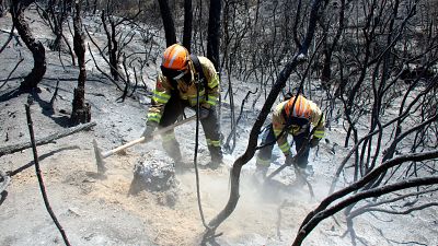 Dos Bombers amb eines manuals rematant punts calents que hi ha al flanc dret de l'incendi de les Gavarres