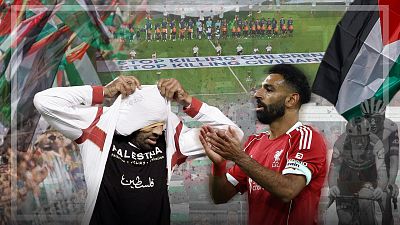 Fotocomposición con imágenes de Kanouté mostrando su apoyo a Palestina (izqda); Mohamed Salah; banderas palestinas de aficionados en una carrera ciclista y un partido de baloncesto; y pancartas en la final de la Supercopa de Europa.