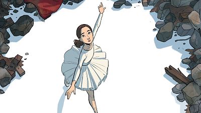 Niña en tutú blanco sobre fondo blanco con escombros. Contrastes visuales impactantes: delicadeza y destrucción. Niña en tutú blanco sobre fondo blanco con escombros. Contrastes visuales impactantes: delicadeza y destrucción.