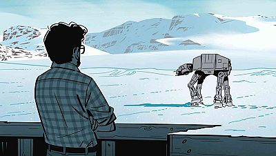 En la portada de un cómic, un hombre con camisa de cuadros y gafas observa un paisaje invernal con montañas nevadas y un vehículo de guerra. El título del cómic es "Las guerras de Lucas. Episodio II".