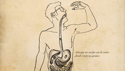 Viñeta en blanco y negro: hombre con gafas tomando pastilla, esquema digestivo superpuesto mostrando su recorrido, texto inferior. Viñeta en blanco y negro: hombre con gafas tomando pastilla, esquema digestivo superpuesto mostrando su recorrido, texto inferior.