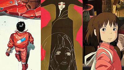 Portada de libro o colección con tres carteles de anime: un joven con chaqueta roja, una figura femenina alta con sombrero, y una niña pequeña con camisa rosa. Estilos y épocas diversas. Portada de libro o colección con tres carteles de anime: un joven con chaqueta roja, una figura femenina alta con sombrero, y una niña pequeña con camisa rosa. Estilos y épocas diversas.