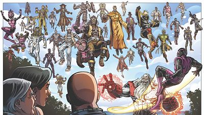 Una escena de cómic presenta una concentración de superhéroes en el cielo, con diversos trajes y poses, observados por tres personas desde abajo, en un cielo azul con nubes.