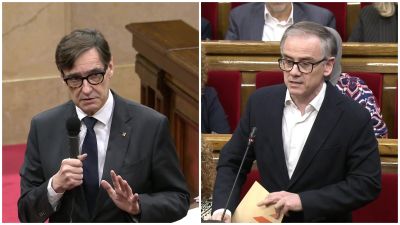 El president de la Generalitat, Salvador Illa, i el portaveu d'ERC, Josep Maria Jové, en la sessió de control al Parlament