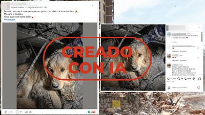Esta imagen de un perro y un gato entre los escombros tras los terremotos de Venezuela está creada con IA