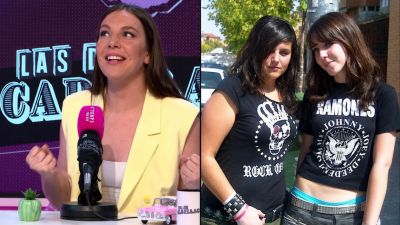 Díptico de Inés Hernand: actual en estudio con micrófono fucsia y "LAS DEL CADILLAC", y de joven con Andrea Compton, ambas con camisetas de rock.