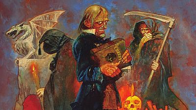 Ilustración de terror con figuras encapuchadas, un monstruo sosteniendo un libro con la palabra 'CREEPY', velas, llamas y una gárgola. Atmósfera oscura y gótica. Ilustración de terror con figuras encapuchadas, un monstruo sosteniendo un libro con la palabra 'CREEPY', velas, llamas y una gárgola. Atmósfera oscura y gótica.