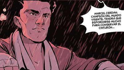 Primer plano de un hombre con cabello oscuro peinado hacia atrás, con una expresión seria. Un bocadillo de diálogo contiene texto sobre un campeón mundial y su esfuerzo por mantener su título.