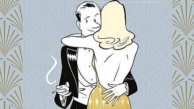 Un hombre de traje negro y una mujer con vestido dorado se abrazan en una portada de cómic, con un diseño Art Déco de fondo. El hombre fuma un cigarrillo y ambos parecen sonreír. Un hombre de traje negro y una mujer con vestido dorado se abrazan en una portada de cómic, con un diseño Art Déco de fondo. El hombre fuma un cigarrillo y ambos parecen sonreír.
