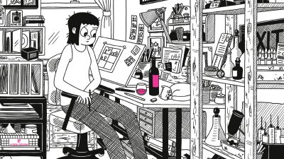 Ilustración de una mujer dibujando en su escritorio desordenado, con un gato, libros y una botella de vino. Portada de cómic. Ilustración de una mujer dibujando en su escritorio desordenado, con un gato, libros y una botella de vino. Portada de cómic.