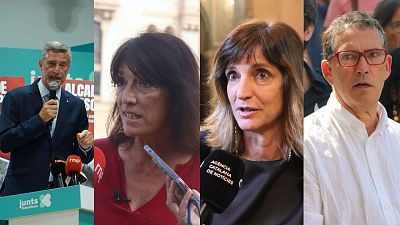 Montaje de Xavier Trias, Laura Borràs, Míriam Nogueras y Jaume Giró, políticos de Junts per Catalunya, en diferentes actos de comunicación pública. Montaje de Xavier Trias, Laura Borràs, Míriam Nogueras y Jaume Giró, políticos de Junts per Catalunya, en diferentes actos de comunicación pública.
