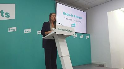 La portaveu de Junts al Congrés, Míriam Nogueras, en roda de premsa a la seu del partit