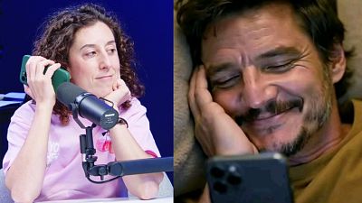 En la imagen, una mujer con camiseta rosa y un hombre con barba, ambos con teléfonos móviles, parecen estar en un estudio. El texto superior indica "Radio" y el titular menciona una historia de superación. En la imagen, una mujer con camiseta rosa y un hombre con barba, ambos con teléfonos móviles, parecen estar en un estudio. El texto superior indica "Radio" y el titular menciona una historia de superación.