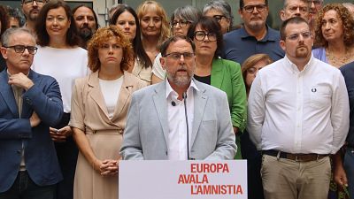 El president d'ERC, Oriol Junqueras, durant la compareixença després de la decisió del TJUE sobre l'amnistia El president d'ERC, Oriol Junqueras, durant la compareixença després de la decisió del TJUE sobre l'amnistia