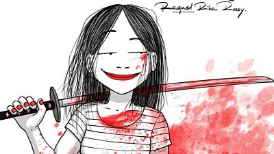 Lola Vendetta, sonriente y ensangrentada, empuña una katana. Portada del cómic de Raquel Riba Rossy. Lola Vendetta, sonriente y ensangrentada, empuña una katana. Portada del cómic de Raquel Riba Rossy.