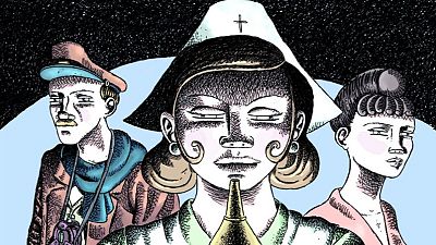 Portada del cómic "Los pájaros que al surcar el alba". Tres personajes con expresiones serias y un fondo de cielo nocturno estrellado. Portada del cómic "Los pájaros que al surcar el alba". Tres personajes con expresiones serias y un fondo de cielo nocturno estrellado.