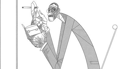 Escritor de entreguerras, ilustración monocromática. Figura masculina con traje, gafas y cigarrillo, sosteniendo un libro con una llave en la portada. Escritor de entreguerras, ilustración monocromática. Figura masculina con traje, gafas y cigarrillo, sosteniendo un libro con una llave en la portada.