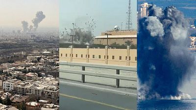 Tres ciudades y tres ataques: Teherán, Bahréin y Haifa (de izquierda a derecha) este 28 de febrero de 2026.