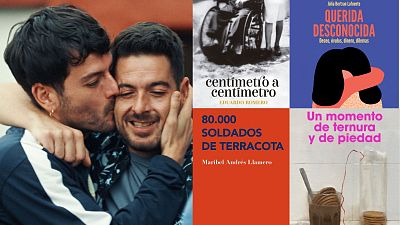 Imagen con foto de dos hombres abrazados, portadas de libros y un postre con galletas. Se aprecian títulos como "Centímetro a centímetro" y "80.000 soldados de terracota". Imagen con foto de dos hombres abrazados, portadas de libros y un postre con galletas. Se aprecian títulos como "Centímetro a centímetro" y "80.000 soldados de terracota".