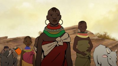 Cuatro personajes de una tribu africana en un paisaje árido. Una mujer, una embarazada, una niña con un bebé y un animal. Un burro cargado también está presente. Cuatro personajes de una tribu africana en un paisaje árido. Una mujer, una embarazada, una niña con un bebé y un animal. Un burro cargado también está presente.