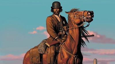 En la portada de un cómic, un hombre afroamericano vestido de sheriff monta a caballo, con una expresión seria. El caballo, de color marrón, parece tenso, con el cielo del atardecer como fondo. En la portada de un cómic, un hombre afroamericano vestido de sheriff monta a caballo, con una expresión seria. El caballo, de color marrón, parece tenso, con el cielo del atardecer como fondo.