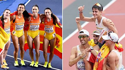 Fotocomposición con las corredoras del relevo 4x400, en los World Relays (izq) y los marchadores españoles aupando a María Pérez en el Mundial de Tokio
