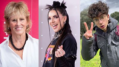 Tres retratos: Mercedes Milá sonriente con camisa blanca, Inés Hernand con dos moños y camiseta estampada, y un joven con gafas y chaqueta gris haciendo el gesto de la paz. Tres retratos: Mercedes Milá sonriente con camisa blanca, Inés Hernand con dos moños y camiseta estampada, y un joven con gafas y chaqueta gris haciendo el gesto de la paz.