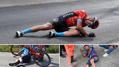 Fotocomposición de caídas de Mikel Landa con diferentes equipos: arriba, con Bahrain; abajo con Movistar (izquierda) y Soudal
